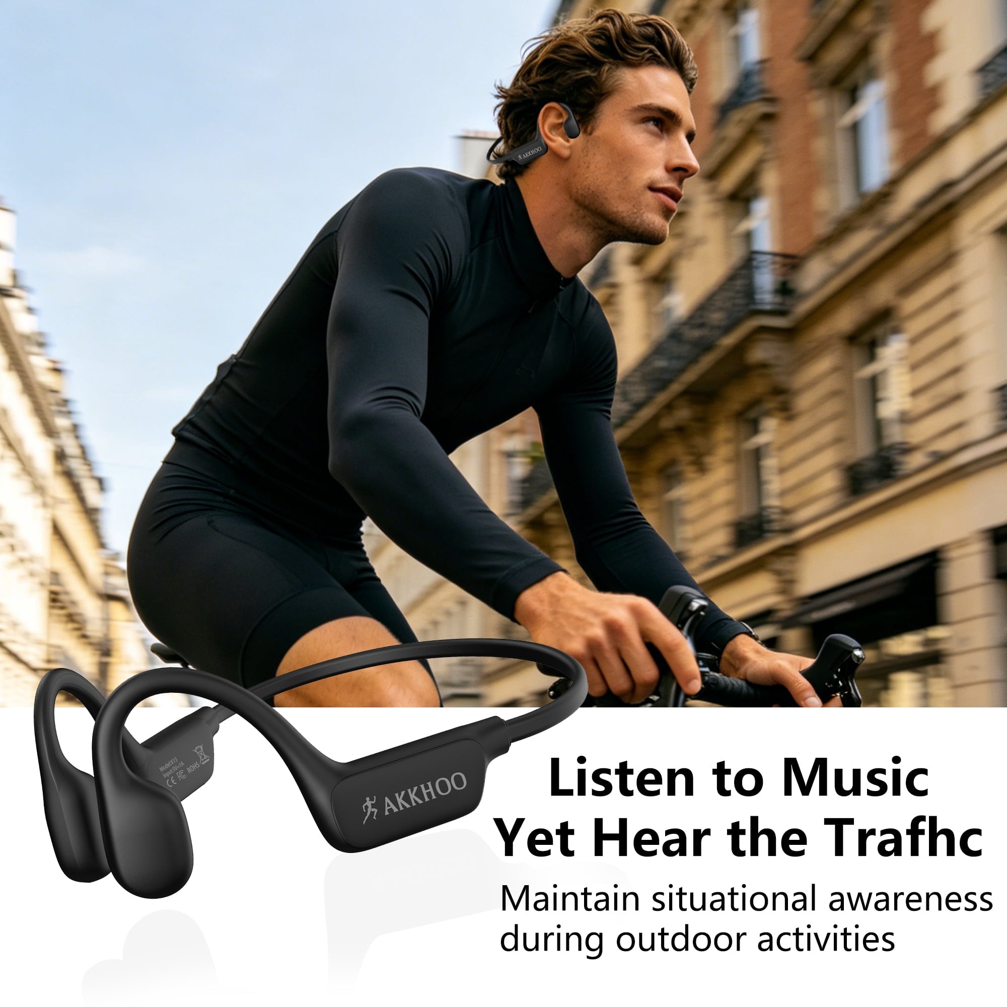 AKKHOO Open Ear Bone Conduction Headphones, Wireless Bluetooth Headphones with Enc Mic, 12H Playtime, IPX6 Waterproof, Secure & Comfort Fit for Workout & Sports